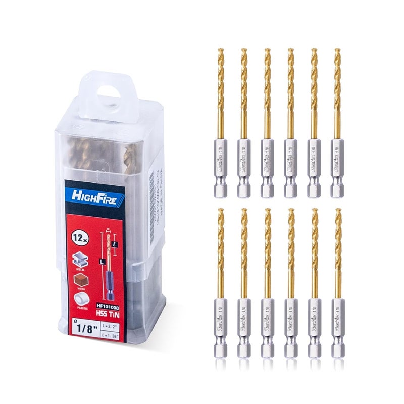 Highfire Store 1/8" 135 Degrees Split Point Drill Bits, High Speed Steel Drill Bit Set, Titanium Twist Hex Drill Bits for Steel, Copper and Aluminum (Pack of 12 Identical Pcs) - Image 1